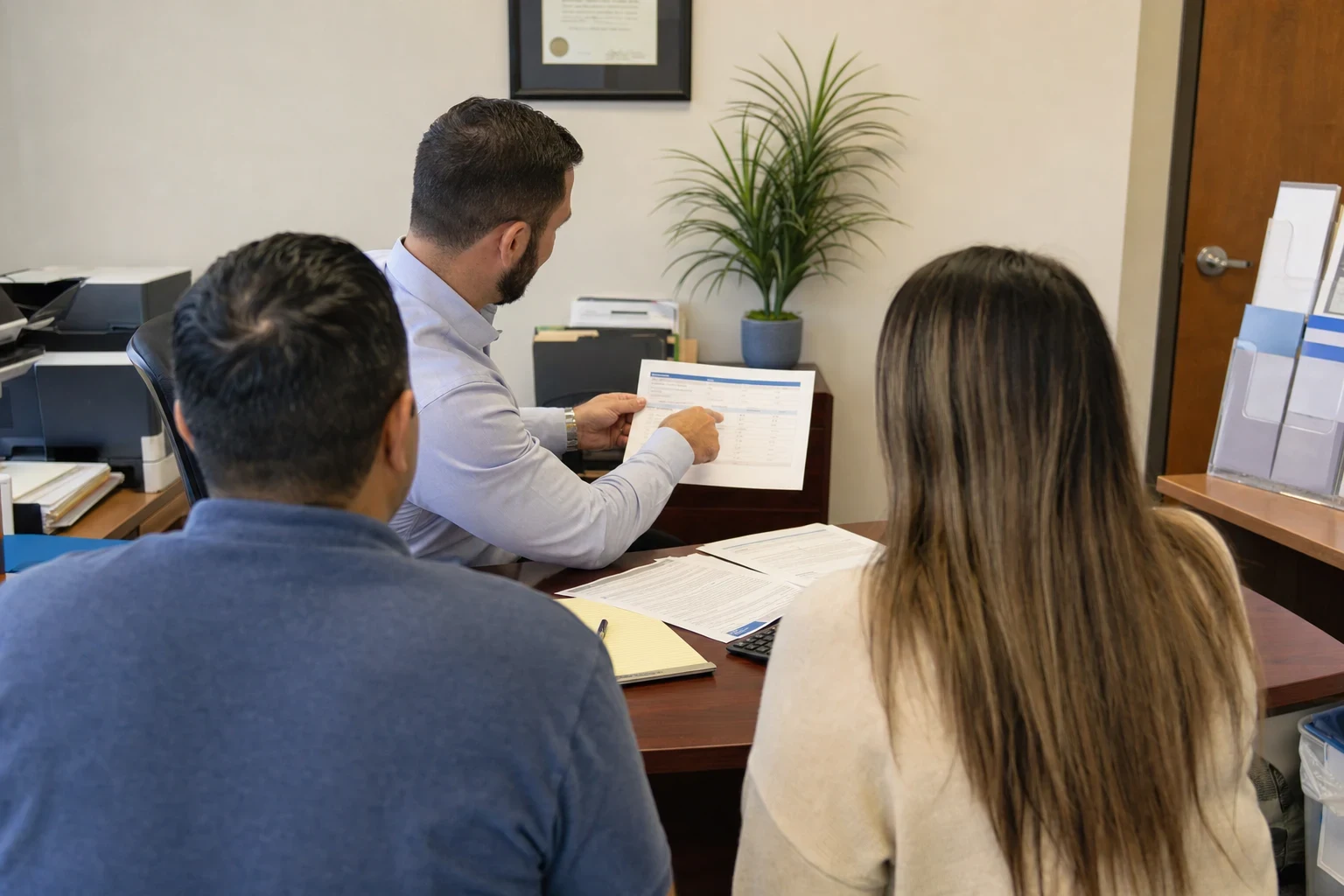 Insurance agent at a wooden office desk points to a printed comparison sheet while a couple, seen from behind, looks on; framed certificate and potted plant behind him