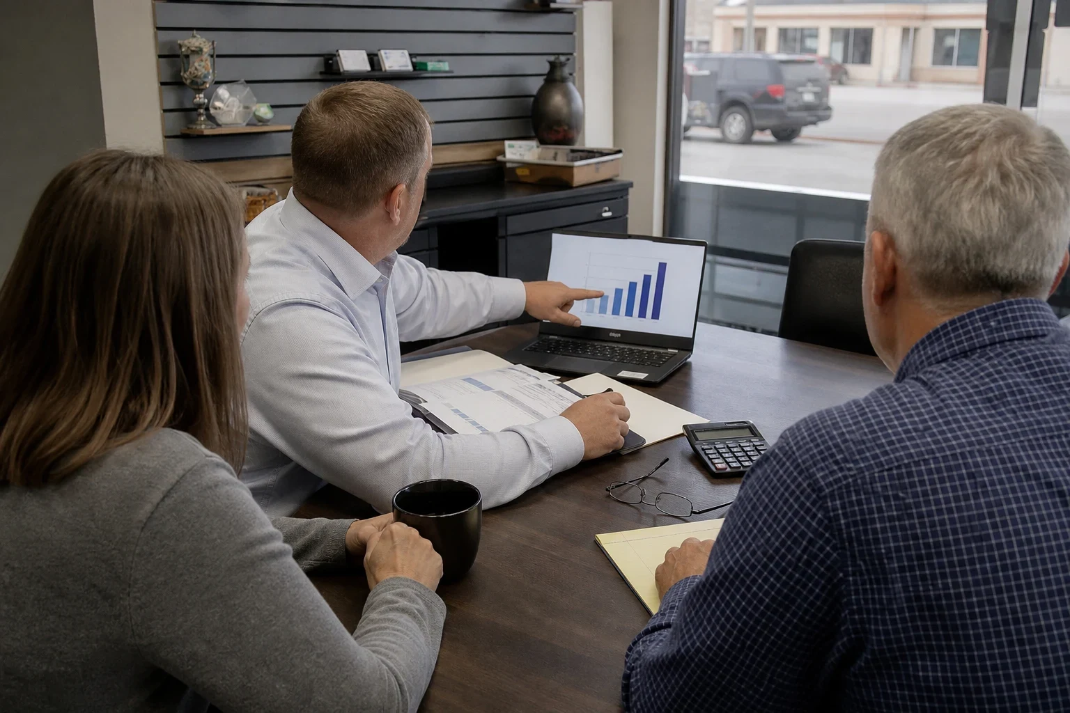 Agent in a light button-down points to a bar chart on a laptop while a couple listens at a dark conference table beside a storefront window